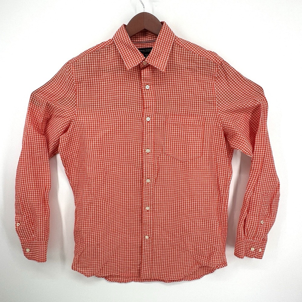 Banana Republic  Shirt Mens S Burnt Orange Check Long Sleeve Flax Linen Blend